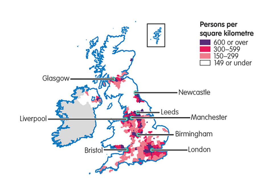 Educake geography diagram showing UK population density